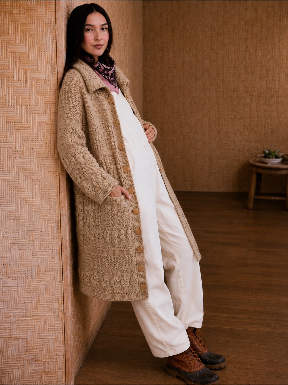 Boho Chunky Hand Knit Oatmeal Longline Cardigan Baubles Leaves